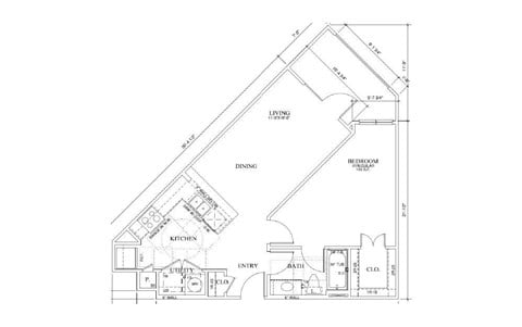 Floor plan for 1 bed, 1 bath, 690 sqft